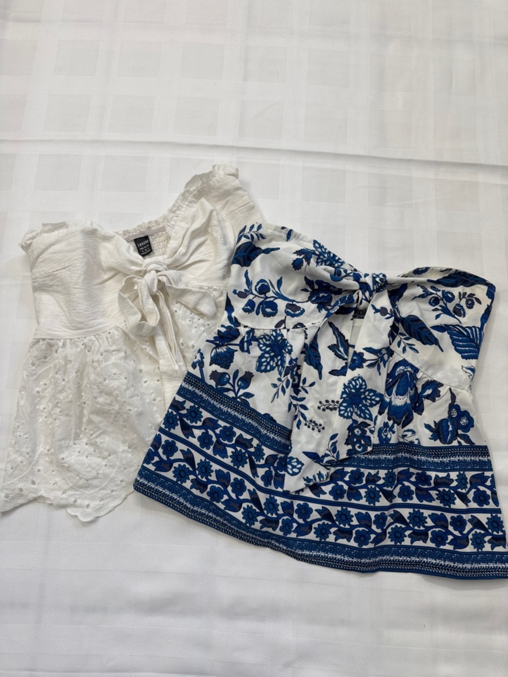 SHEIN Set of 2. White Eyelet & White Blue Floral Strapless Tops